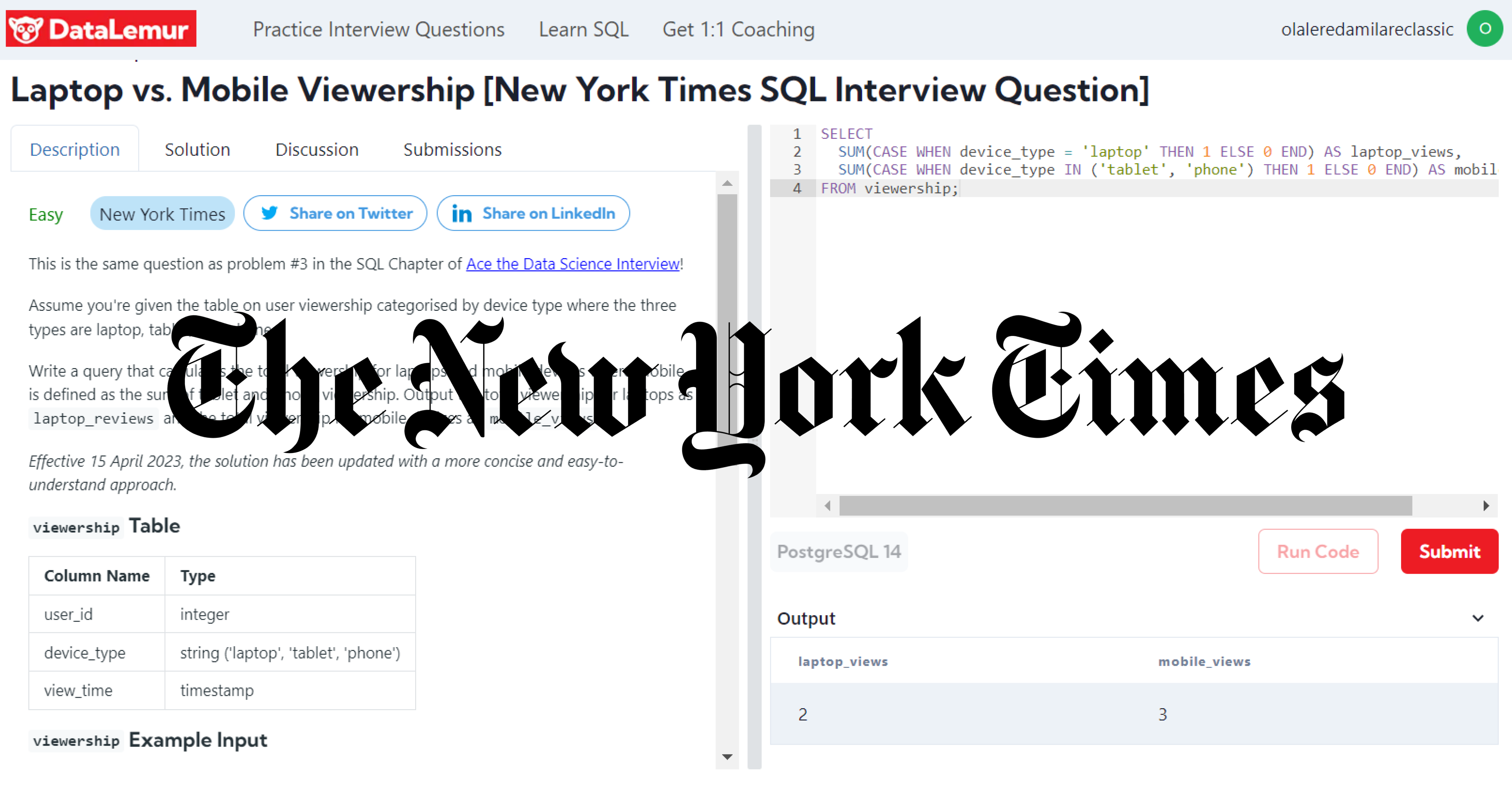 New York Times SQL Interview Question