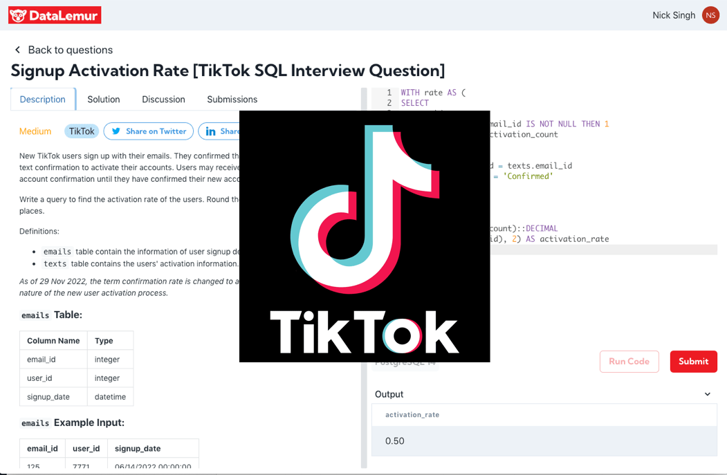 TikTok SQL Interview Question: Sign-up Activation Rate