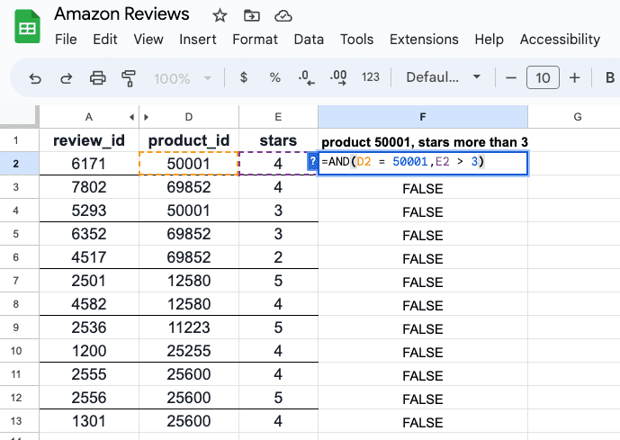 Google Sheets AND Example