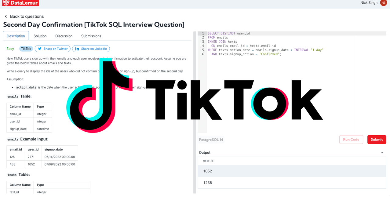 TikTok SQL Interview Question: 2nd Day Confirmation