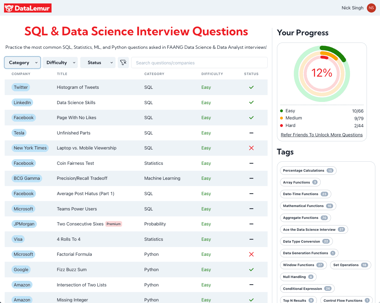 DataLemur SQL and Data Science Interview Questions
