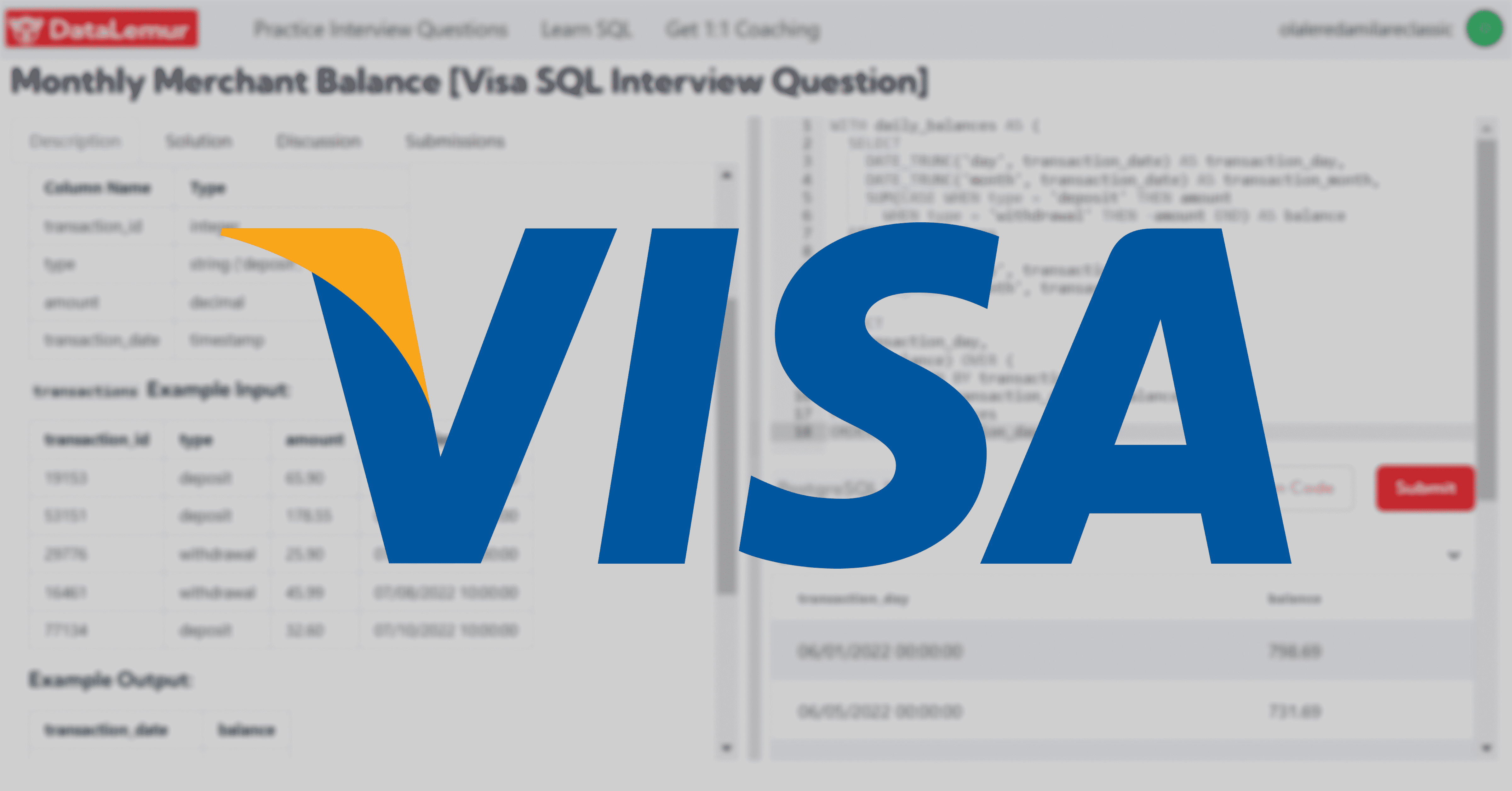 Visa SQL Interview Question