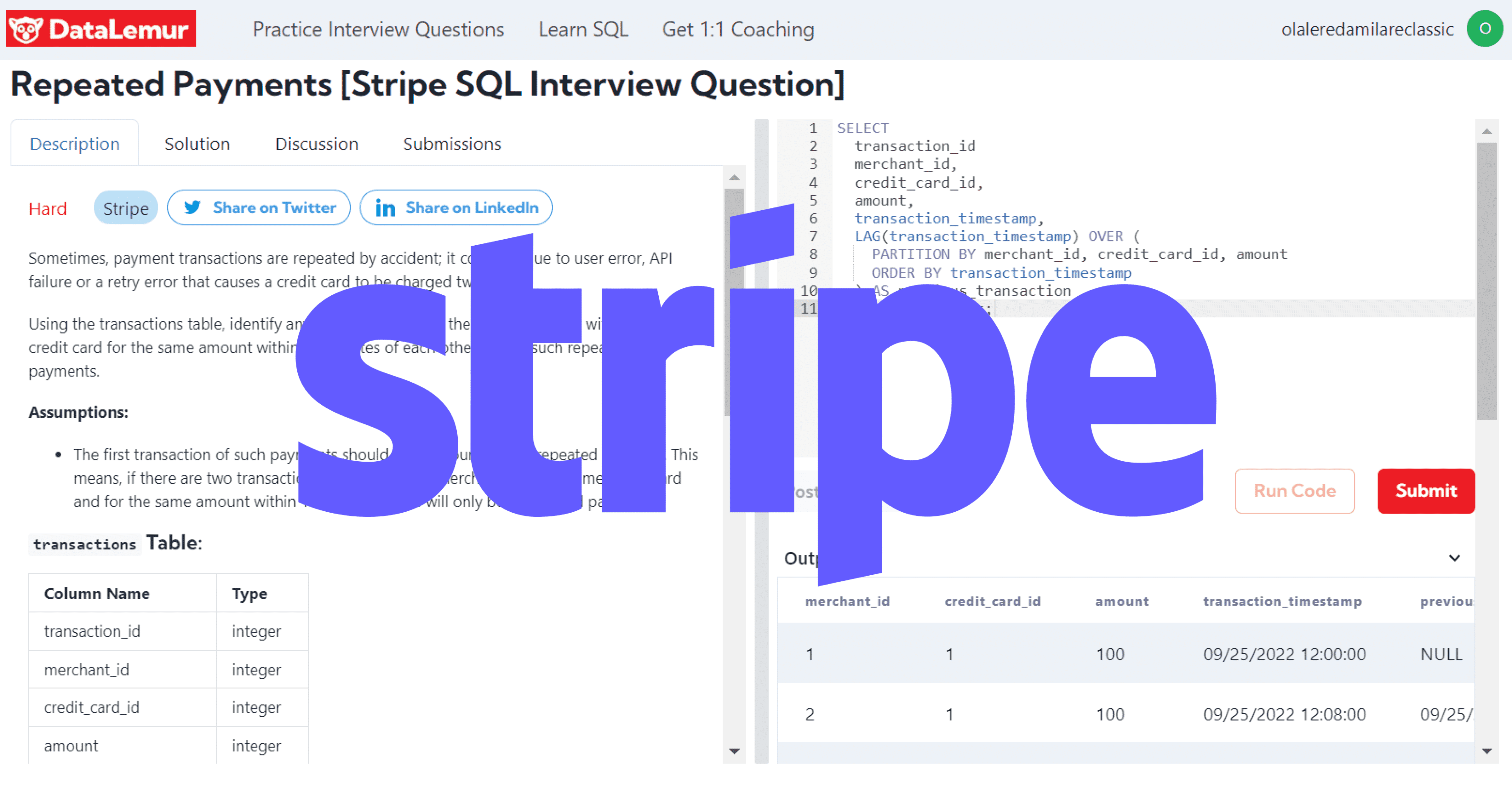 Stripe SQL Interview Question
