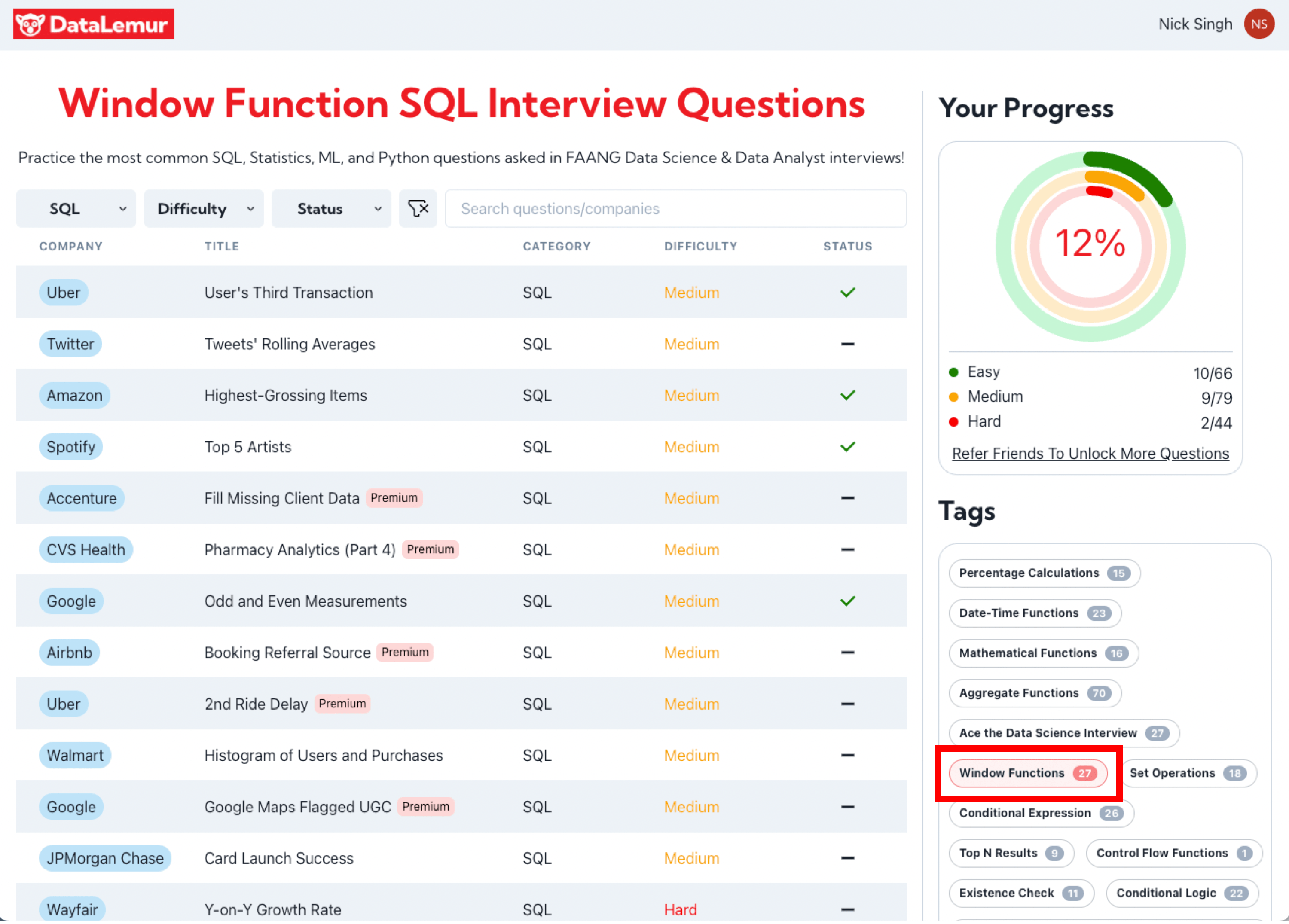DataLemur Window Function SQL Questions