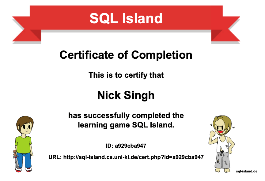 SQL Island Completion Certificate