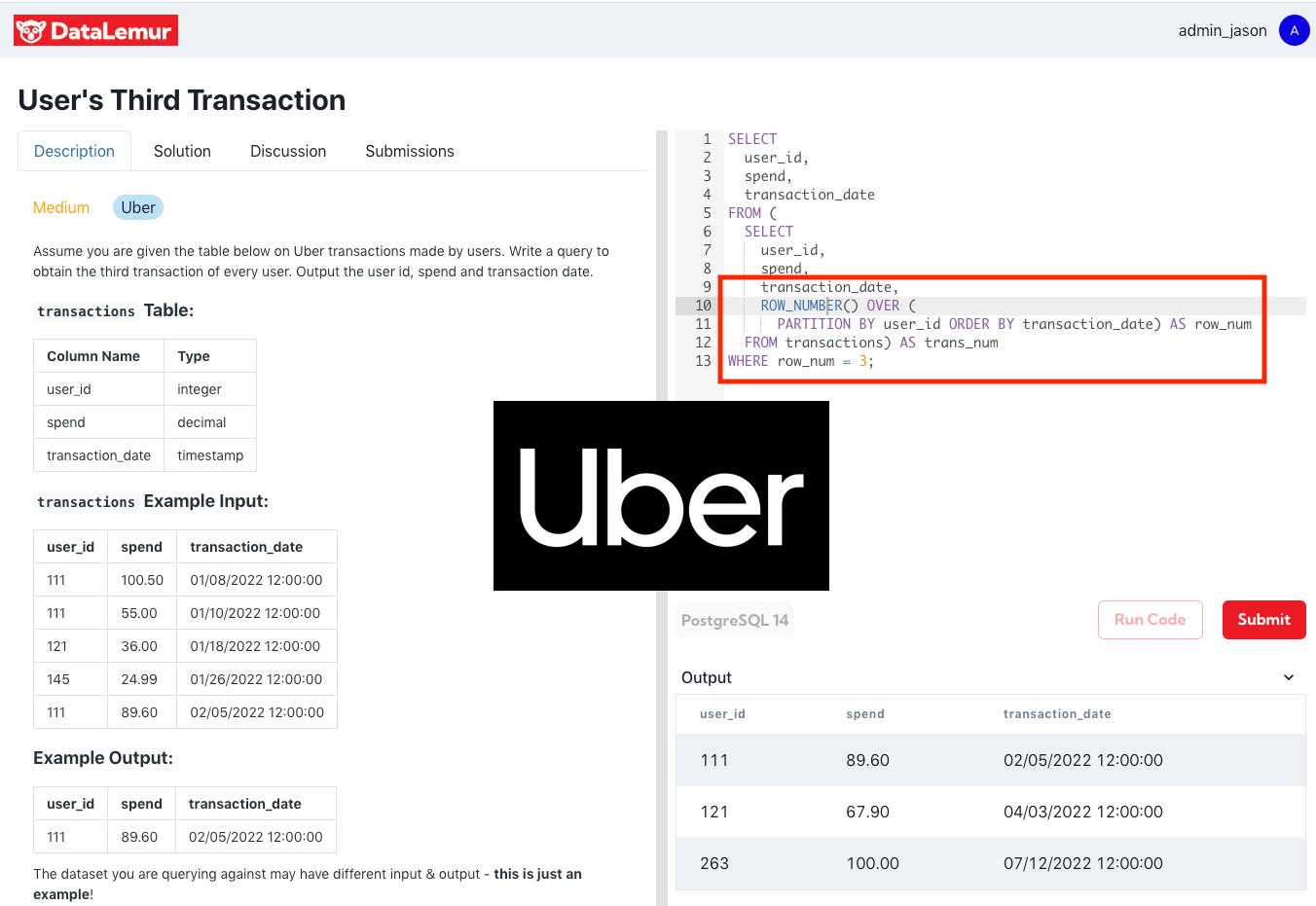 Uber SQL Interview Window Function Assessment