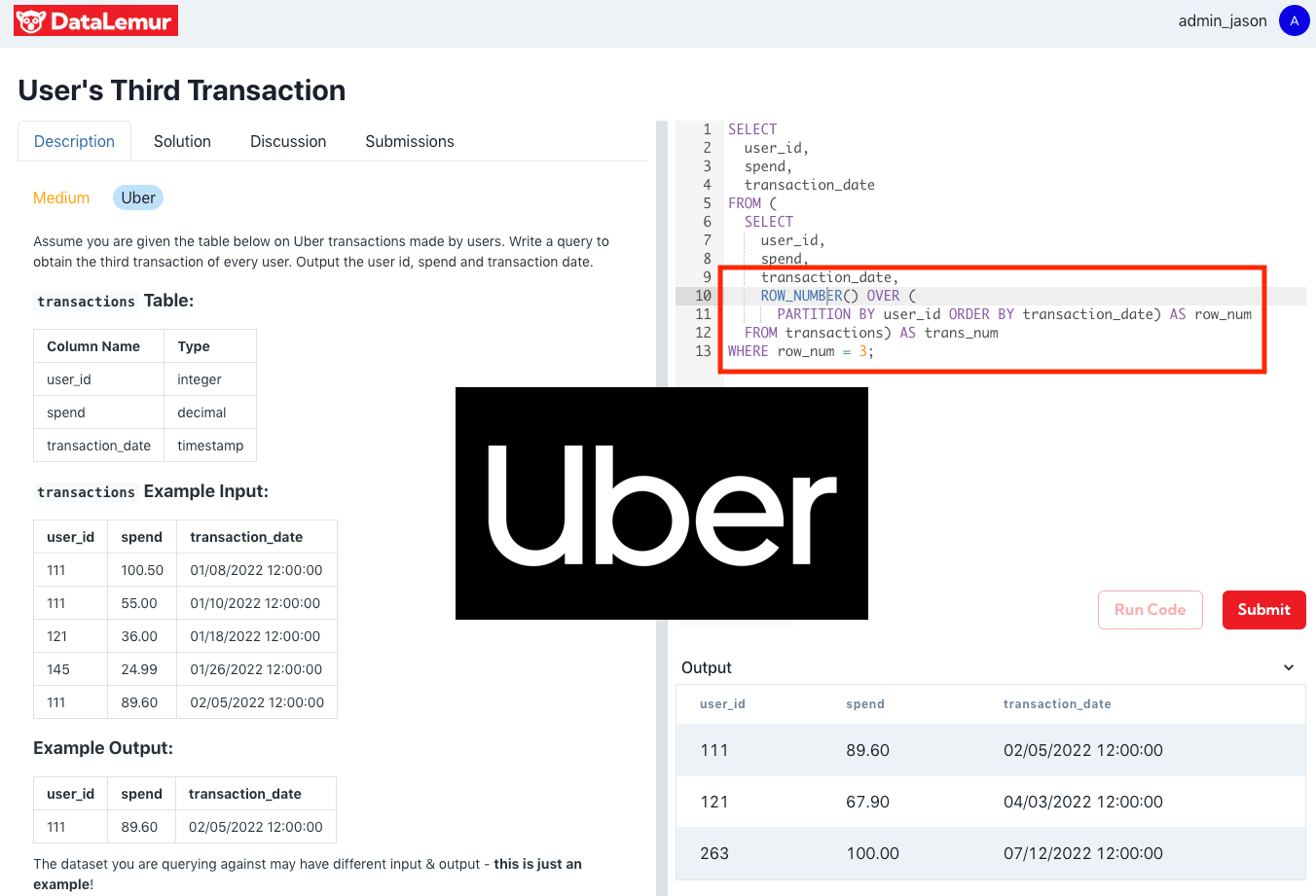 Uber Window Function SQL Interview Question