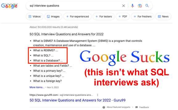 Google Search Results for SQL Interview Questions Sucks