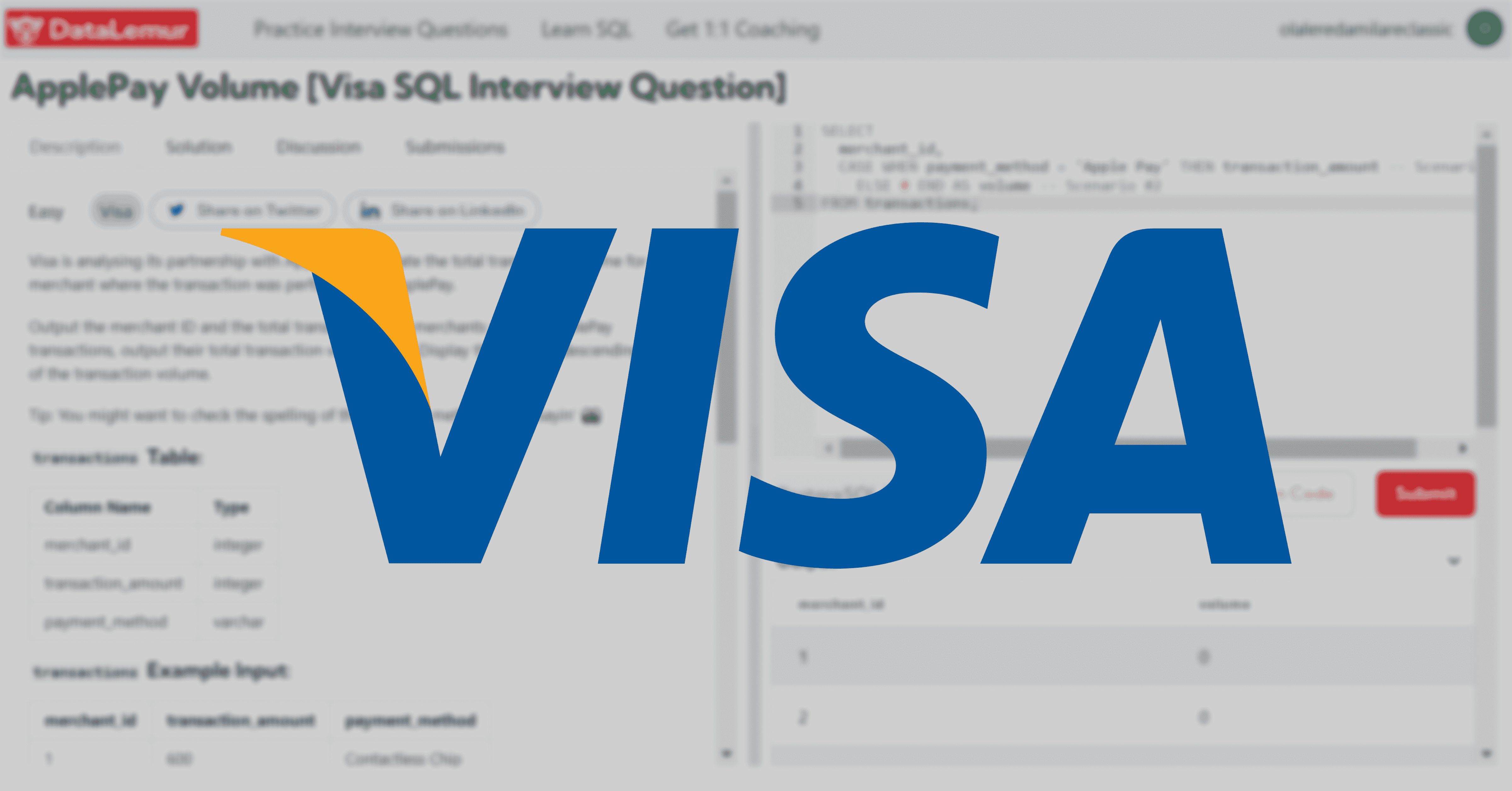 Visa SQL Interview Question