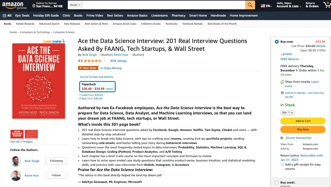 Ace the Data Science Interview Book on Amazon