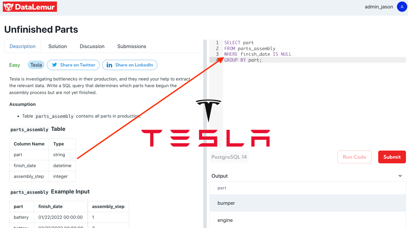 Tesla SQL Question: Unfinished Parts