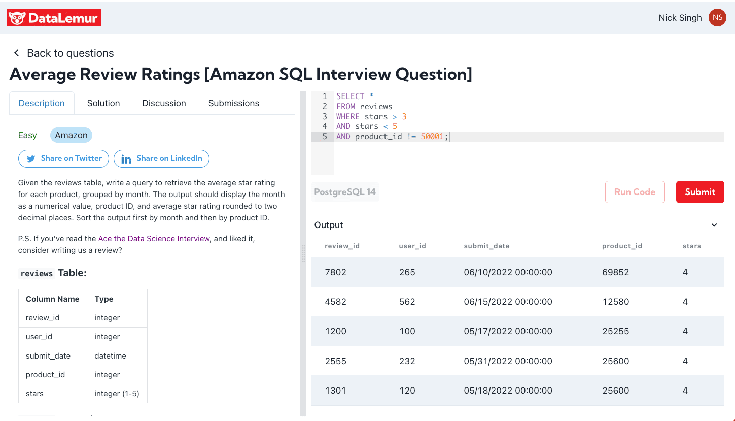 Amazon SQL Interview Question AND Example