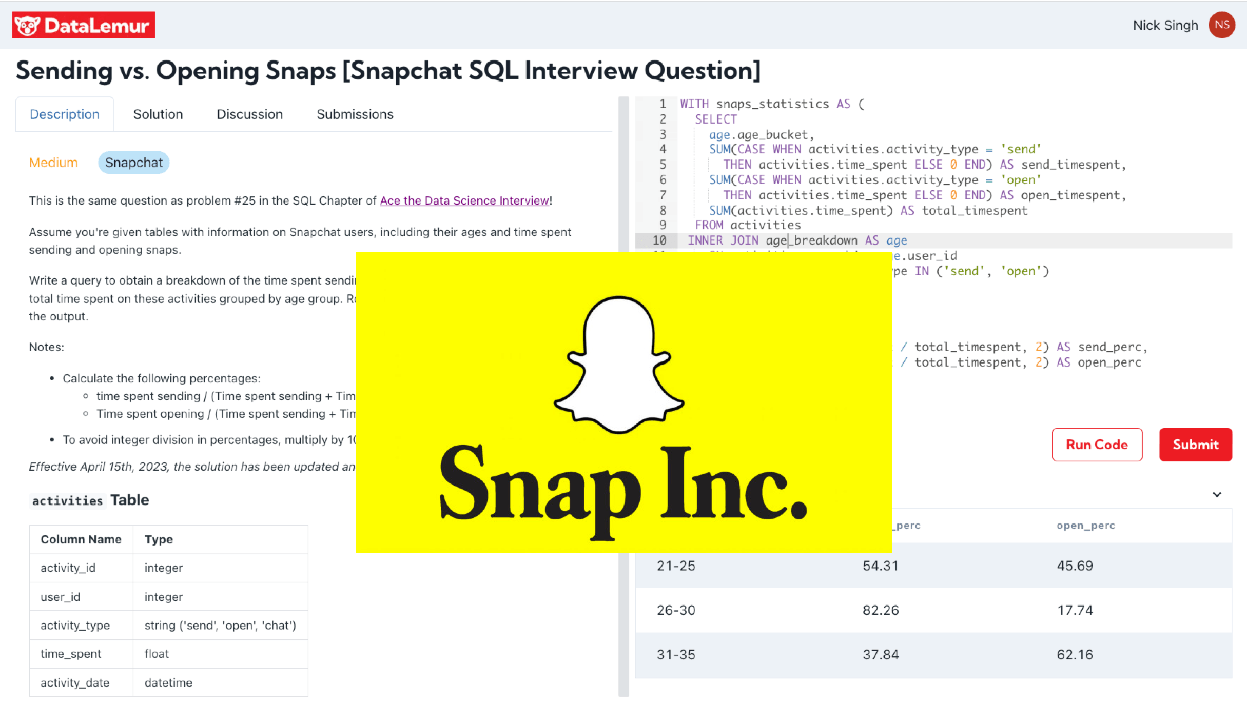 Snapchat JOIN SQL interview question