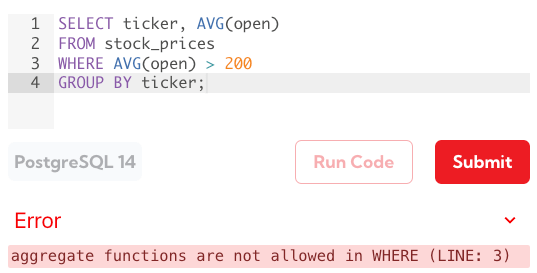 aggregate functions are not allowed in WHERE