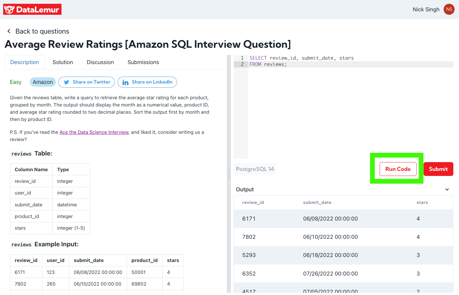 Amazon SQL Interview Question about Review Ratings