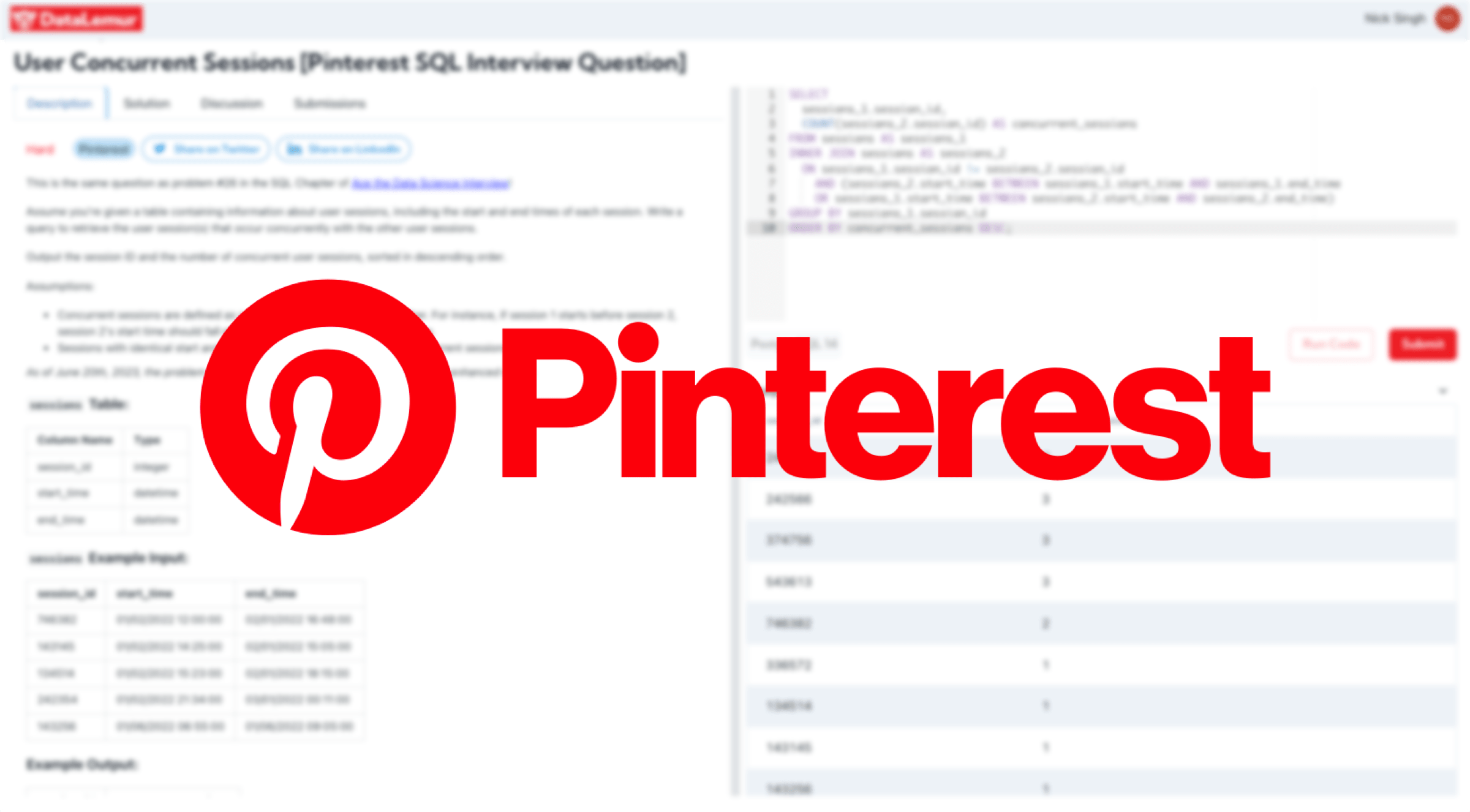 Pinterest SQL Interview Question: User Concurrent Sessions