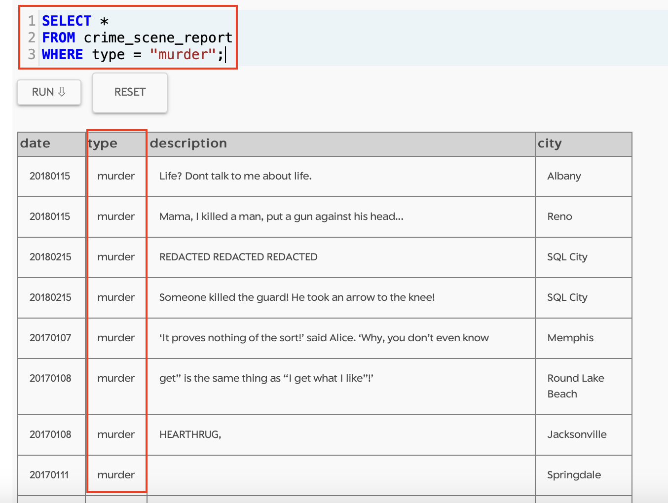 SQL Murder Mystery List of Murder Crime Scenes