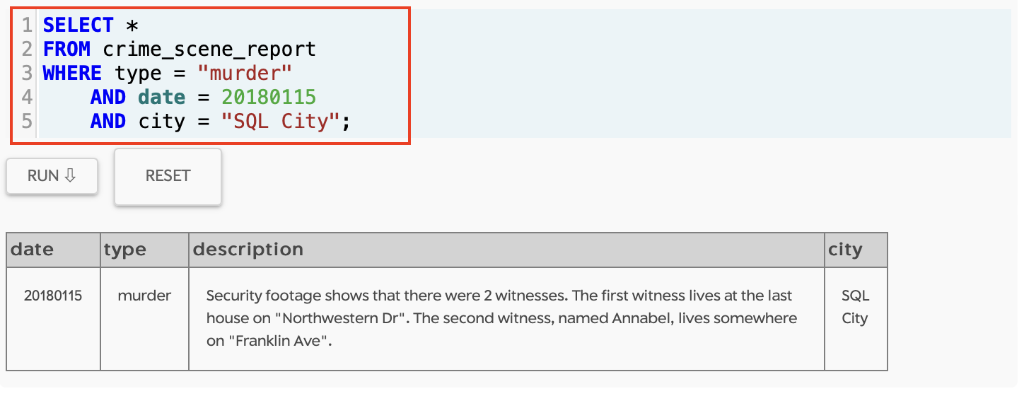 SQL Murder Mystery Show Witness' Description